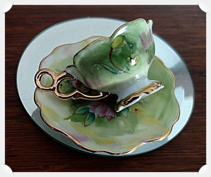 Vintage Ceramic Miniature 22c Gold Gilded Tea Cup and Saucer - Balboa - Hand Made and Hand Painted