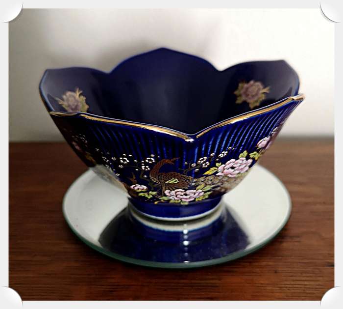 Vintage Made in Japan Cobalt Blue Peacock Dish Small Lotus Shaped Rice Bowl Trinket Dish
