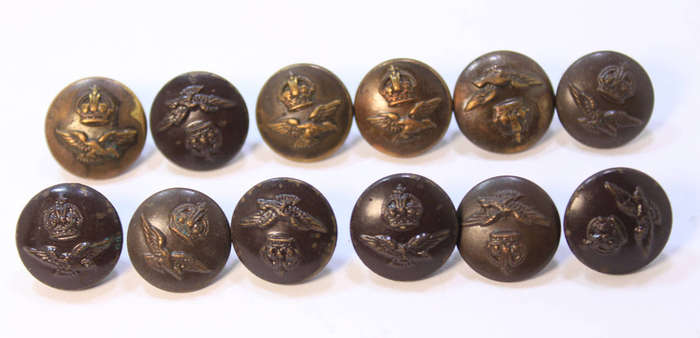 Set Of 12 Small WW2 RAF Brass Buttons with Kings Crown for Uniforms