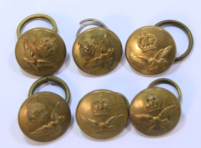 Set Of 6 Medium WW2 RAF Brass Jacket Buttons with Kings Crown with Rings