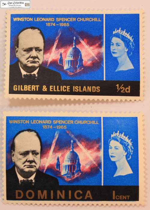 2x 1966 Stamps 1 Cent Dominica & 1/2 Penny Gilbert & Ellice Islands Churchill (Scott 189/106)