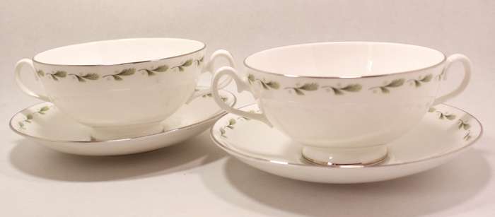 Mayfair Pair of Bone China Handled Soup Bowl and Saucer, Platinum Trim Edging