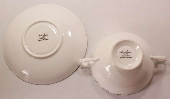 Mayfair Pair of Bone China Handled Soup Bowl and Saucer, Platinum Trim Edging