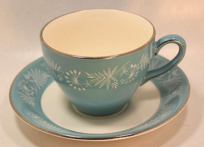 Vintage Midwinter Stylecraft Classic Shape Porcelain Tea Cup & Saucer 1959 Turquoise & Silver Trim