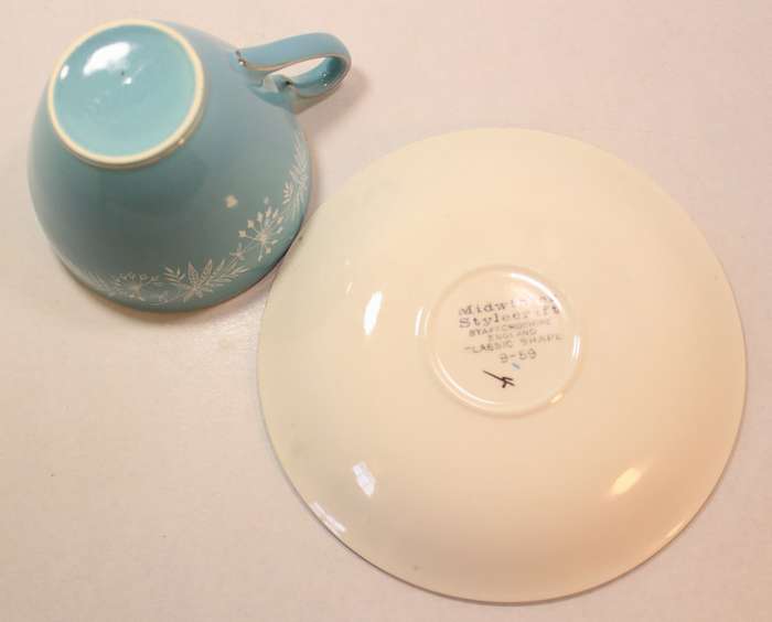 Vintage Midwinter Stylecraft Classic Shape Porcelain Tea Cup & Saucer 1959 Turquoise & Silver Trim
