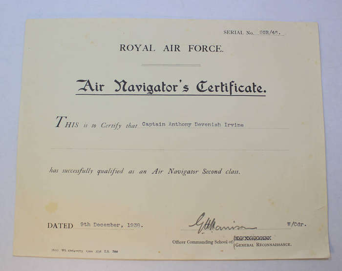 1938 Royal Air Force Navigators Certificate to a SAAF Captain