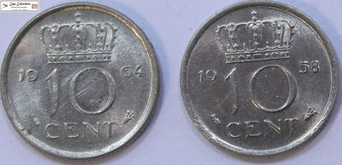 Netherlands 1958 & 1964 10 Cent (Two Coins) Circulated