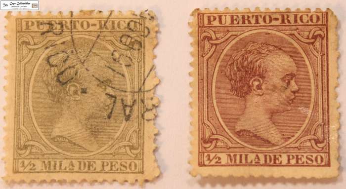 2 x Puerto Rico 1/2 Mila De Peso Alfonso of Spain XIII 1893-1894 Stamp (Scott 77-78)