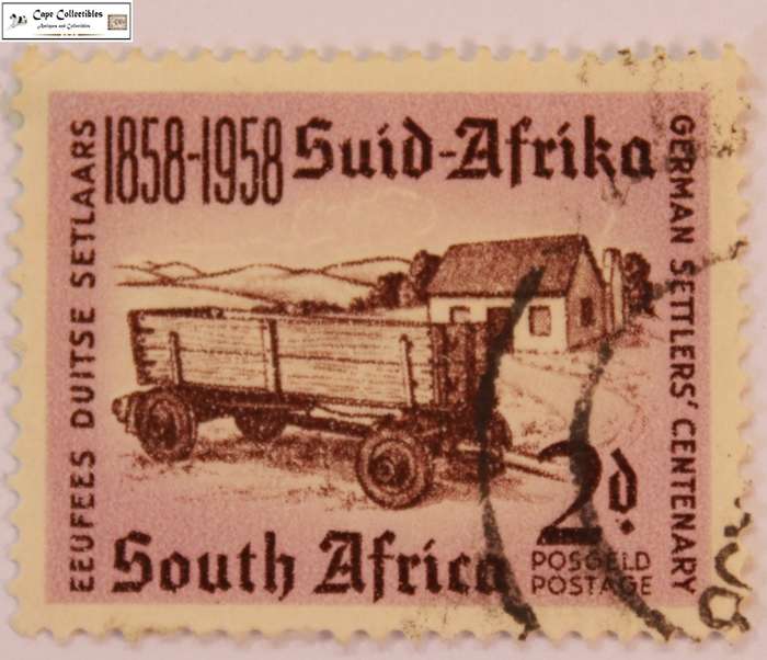 South Africa 2 Pence 1958 German Wagon & House Stamp English Afrikaans (Scott 218)