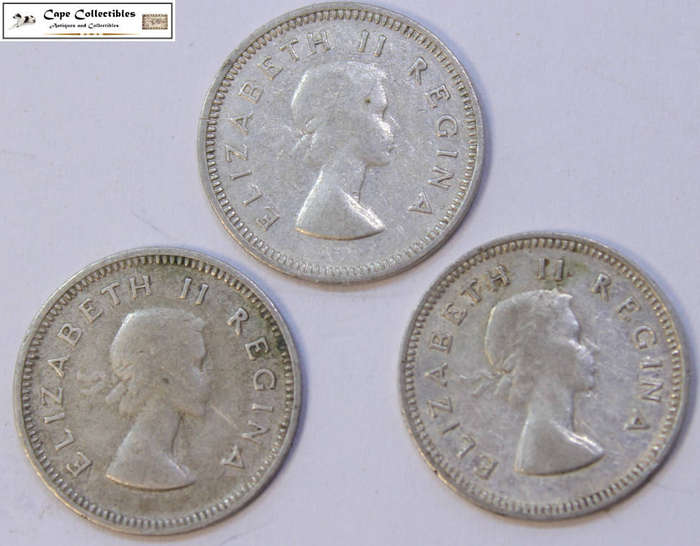 South Africa 3 Pence 1958 x2 & 1959  Coins (Three Coins) Tickey Circulated