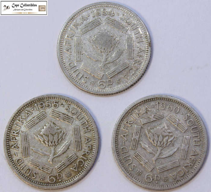 South Africa 1954, 1955  & 1960 6 Pence 6d Sixpence Coin (Three Coins) Circulated
