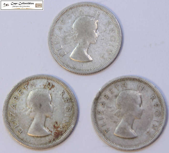 South Africa 1954, 1955  & 1960 6 Pence 6d Sixpence Coin (Three Coins) Circulated