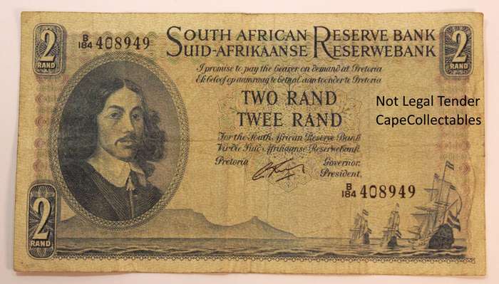 South Africa 2 Rand Bank Note JVR Watermark G Rissik 1962 Fine