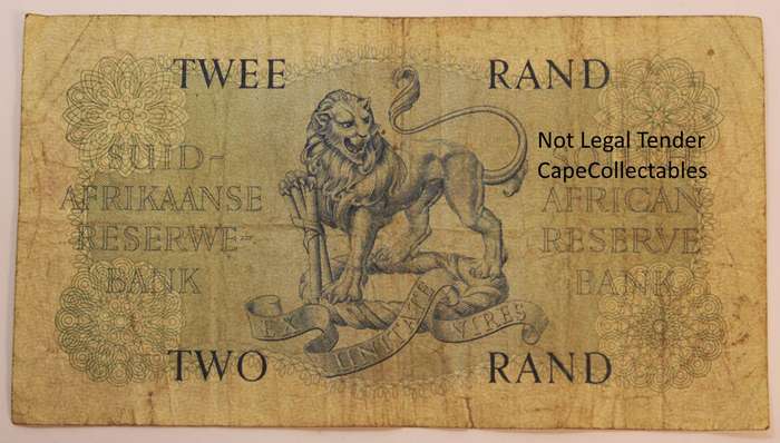 South Africa 2 Rand Bank Note JVR Watermark G Rissik 1962 Fine