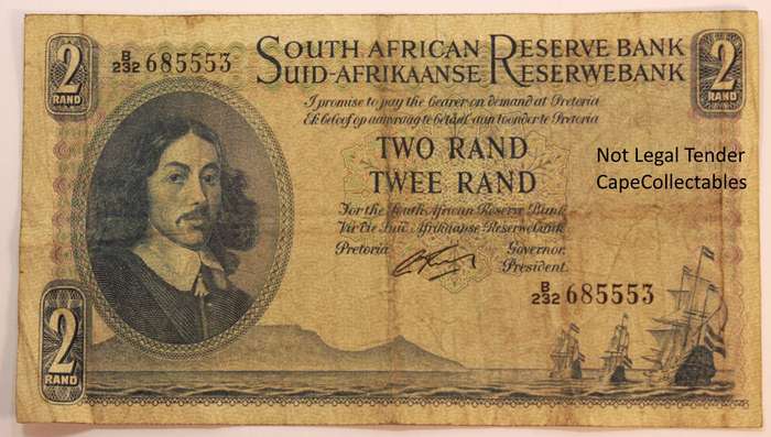 South Africa 2 Rand Bank Note JVR Watermark G Rissik 1962 Fine