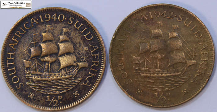South Africa 1/2 Penny 1940 & 1942 x 2 (Two Coins) Circulated