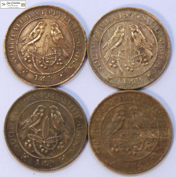 South Africa 1/4 Penny 1944, 1945, 1948, 1950 Coins Farthing (Four Coins) Circulated