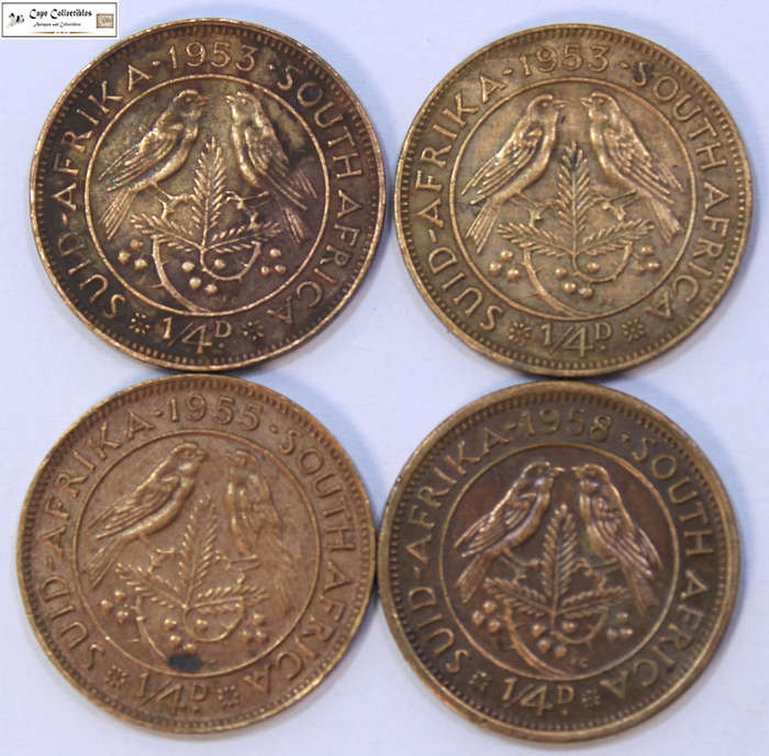 South Africa 1/4 Penny 1953x2, 1955, 1958 Coins Farthing (Four Coins) Circulated