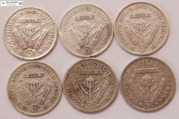 South Africa 3 Pence 1949, 1950 x3, 1952 x2 Coins (Six Coins) Circulated.