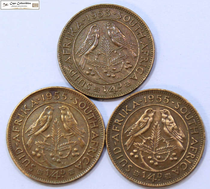 South Africa 1/4 Penny 1953x2, 1955 Coins Farthing (Three Coins) Circulated