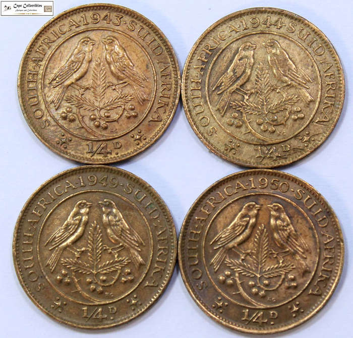 South Africa 1/4 Penny 1943, 1944, 1949, 1950 Coins Farthing (Four Coins) Circulated