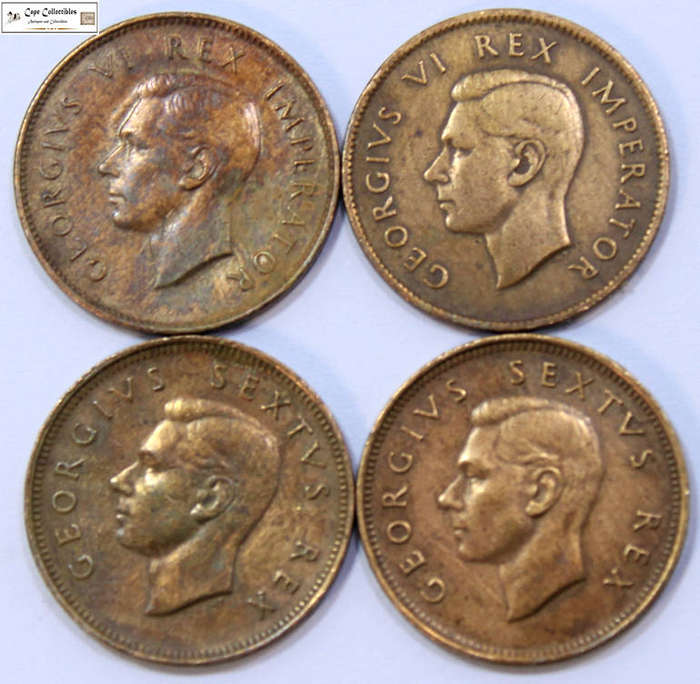 South Africa 1/4 Penny 1943, 1944, 1949, 1950 Coins Farthing (Four Coins) Circulated