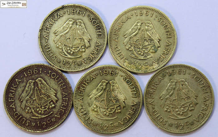 South Africa 1/2 Cent 1961 x 5 (Five Coins) Circulated