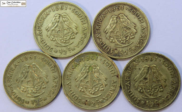 South Africa 1/2 Cent 1961 x 5 (Five Coins) Circulated
