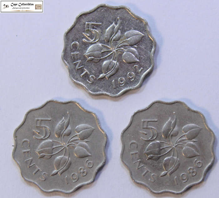 Swaziland 3 x 5 Cents Coins 1986 & 1992 King Mswati III Circulated