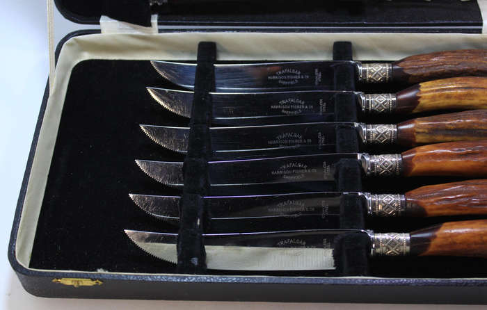 Trafalgar Steak Knives & Forks by Harrison Fisher & Co, S/Steel and Horn Handles In Case