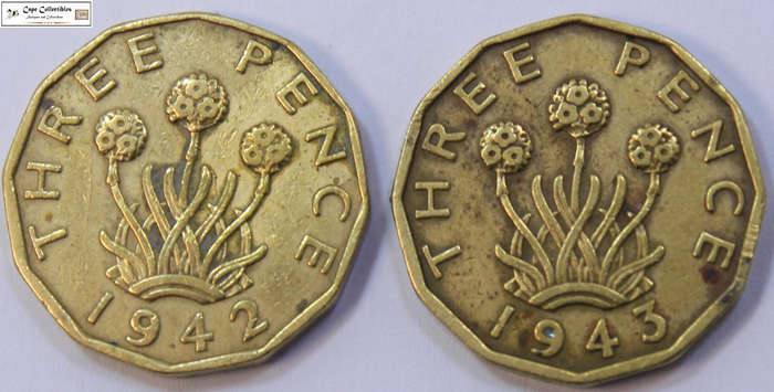 United Kingdom 3 Pence 1942 and 1943 Coins (Two Coins) Circulated