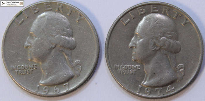 United States Of America 1967 & 1974 1/4 Dollar (Two Coins) "Washington Quarter" Circulated