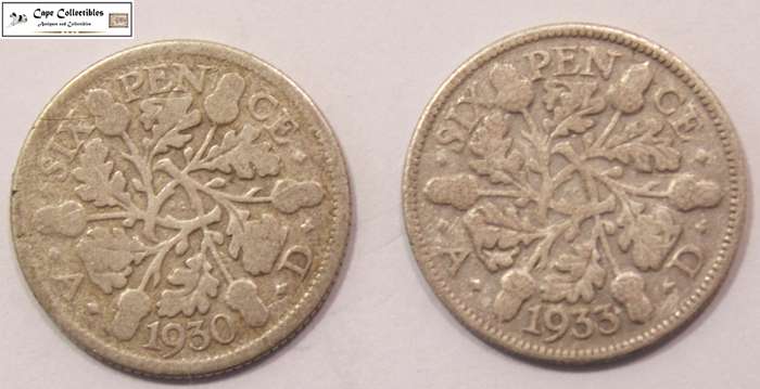 United Kingdom 6 Pence 1930 & 1933 Coins (Two Coins) Circulated