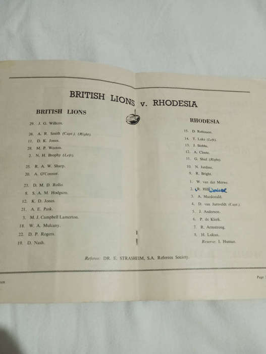 British Lions vs Rhodesia 26.05.1962. Rare some damage to last page only