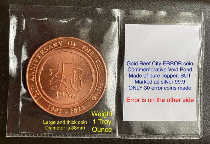 A very rare and interesting 1902 - 2022 Gold Reef City error coin. Only 30 made like this.