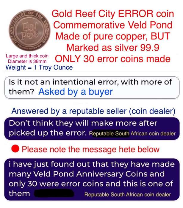 A very rare and interesting 1902 - 2022 Gold Reef City error coin. Only 30 made like this.