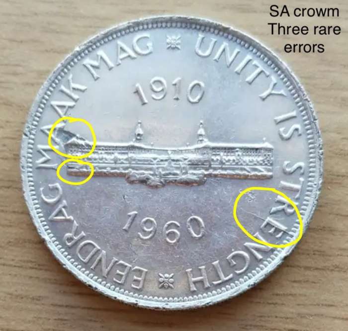 Rare tripple error 1960 SA crown. Faulty planchet, and cracked die.