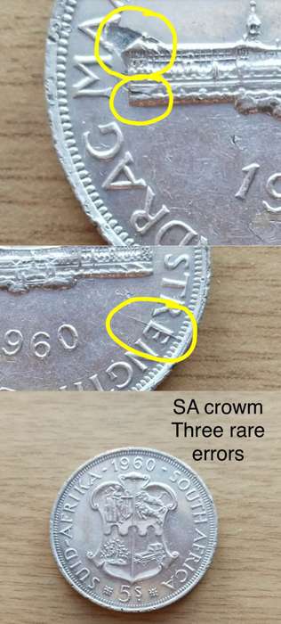 Rare tripple error 1960 SA crown. Faulty planchet, and cracked die.