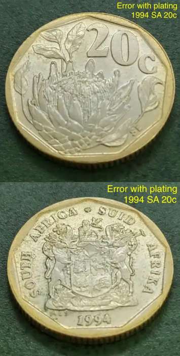 Rare plating error 1994 SA 20 cents. Seems to be uncirculated