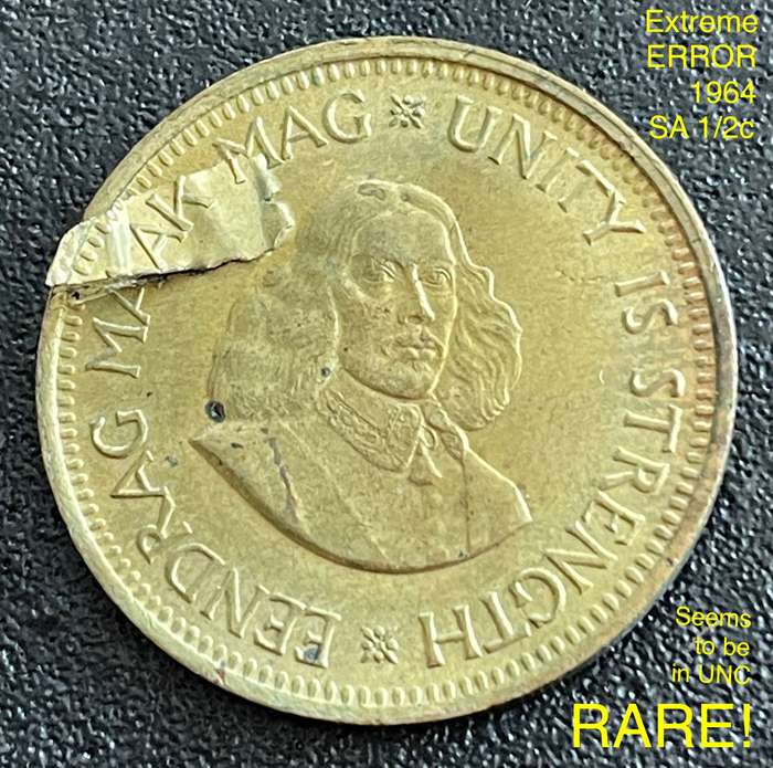 An extremely rare and visible error 1964 SA half cent. Seems to be in an UNC condition.