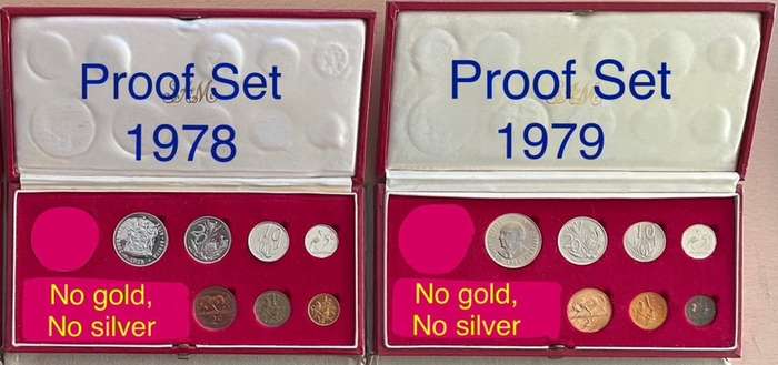 1978+1979 SA Proof coins sets. No gold and no silver. Buyer takes all.