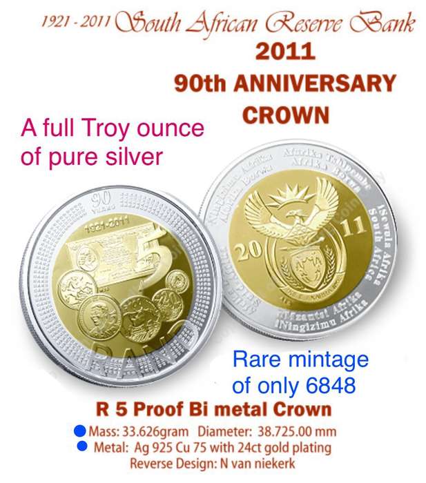 Rare Ultra cameo proof 2011 SA sterling silver, crown size R5 coin. Has a full ounce of pure silver.