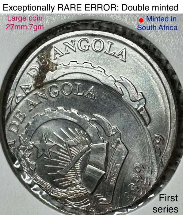 Rare- twice struck "siamese twins" error 1999 Angola 5 kwanzas. Minted in Pretoria Mint.  7gm 27mm