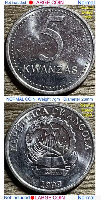 Rare- twice struck "siamese twins" error 1999 Angola 5 kwanzas. Minted in Pretoria Mint.  7gm 27mm