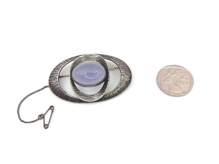 Blue lace agate and sterling silver Modernist brooch- George Xanthides