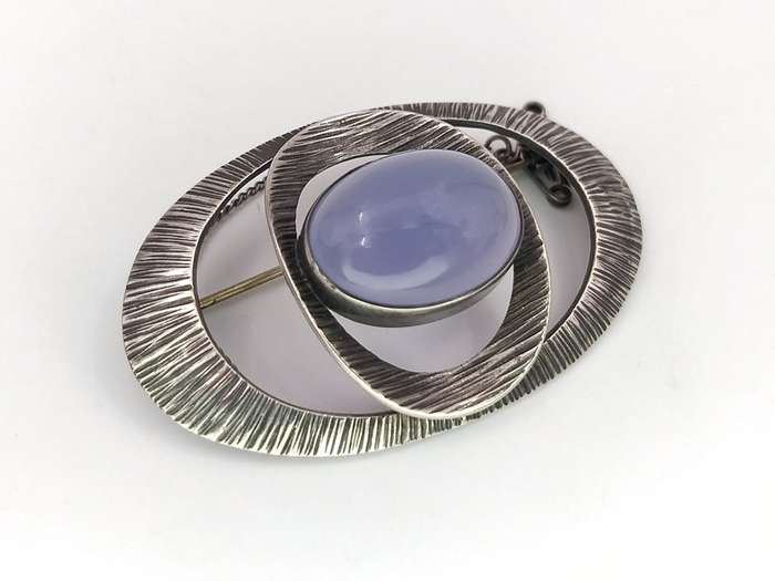 Blue lace agate and sterling silver Modernist brooch- George Xanthides