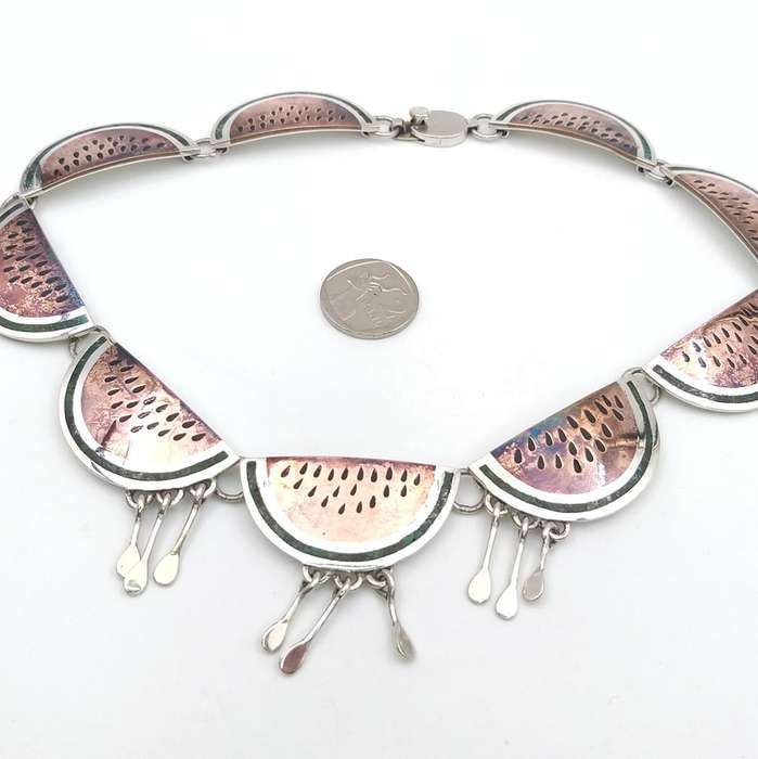 Rare Taxco Mexico watermelon slice necklace (enamel, turquoise & sterling silver)