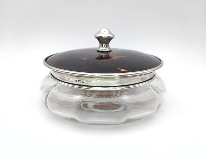 1920s faux tortoise shell & sterling silver dressing table jar with lid