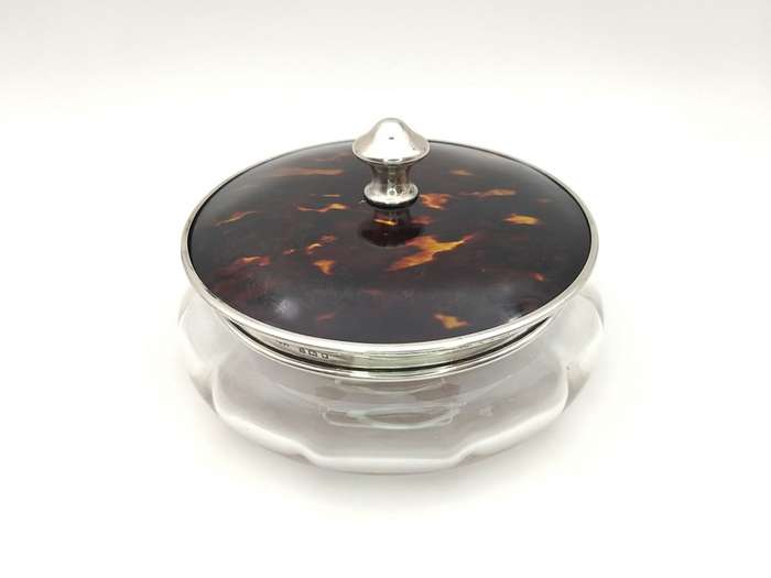 1920s faux tortoise shell & sterling silver dressing table jar with lid