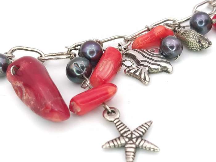 Sterling silver and genuine red coral charm bracelet